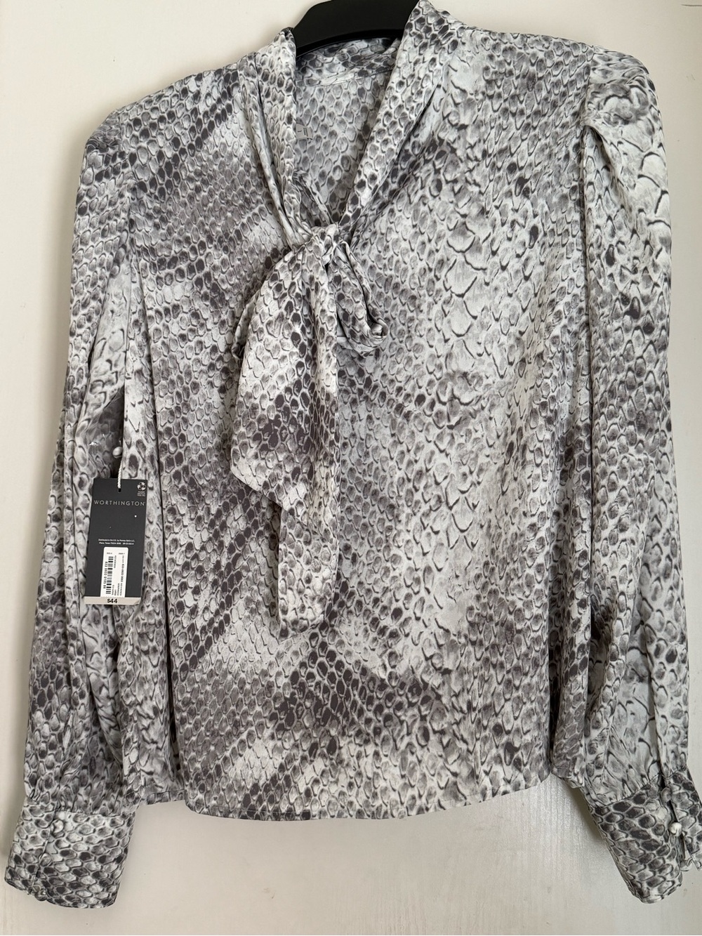 Worthington Gray Snake-Print Tie-Neck Blouse